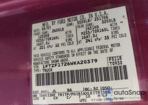 1998 Ford F-150 Standard/Xl/Xlt из США, поврежденный, VIN 1FTZF1726WKA20379